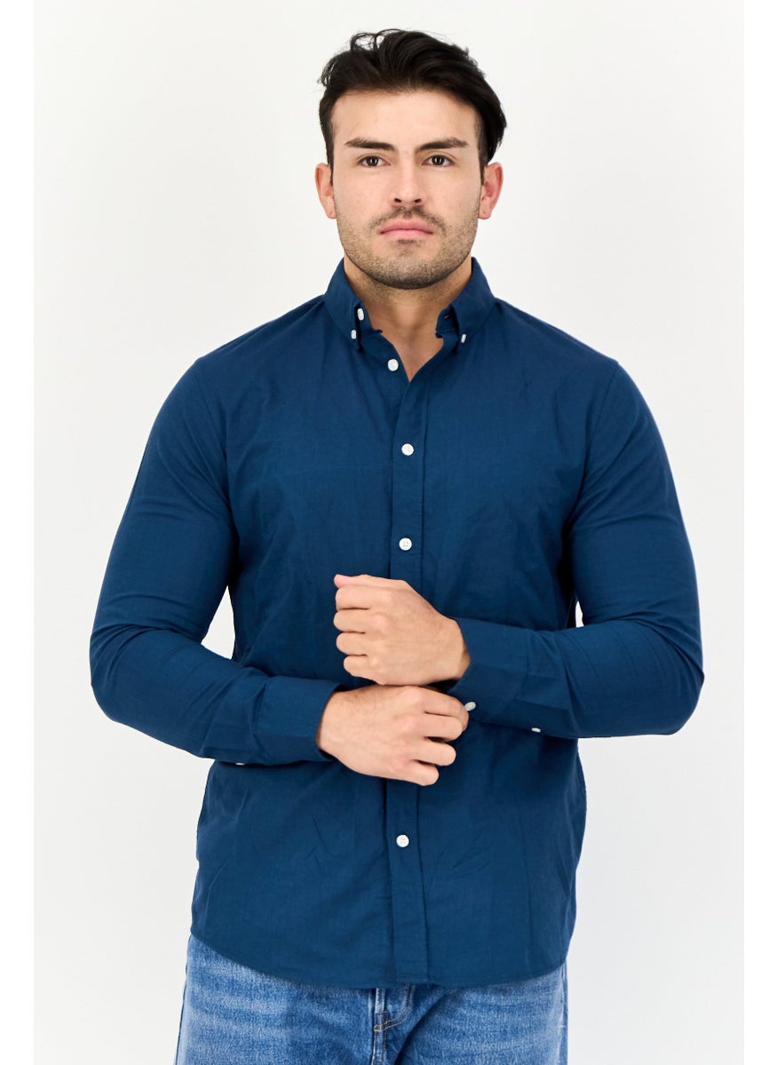 Algspar Men Regular Fit Solid Long Sleeves Casual Shirt, Navy Blue  - Image 1