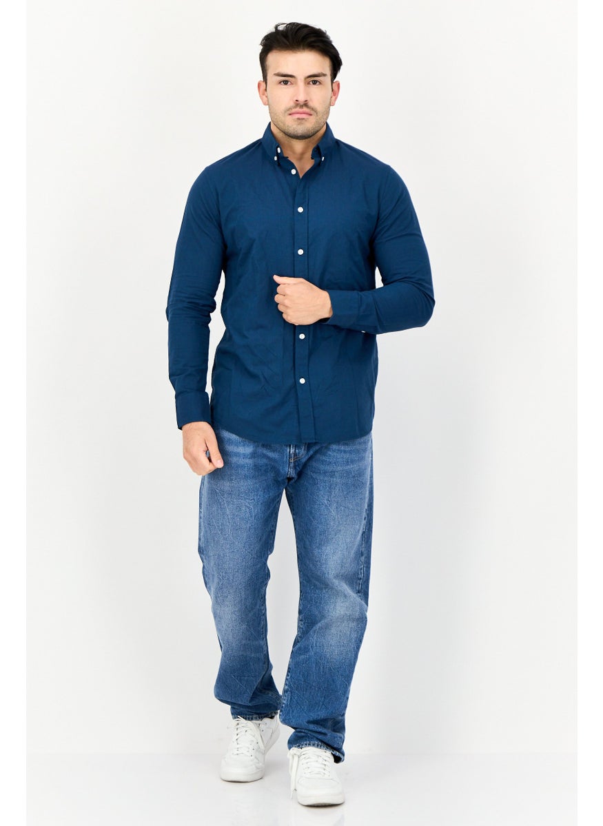 Algspar Men Regular Fit Solid Long Sleeves Casual Shirt, Navy Blue  - Image 2