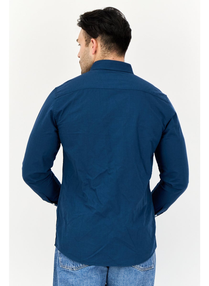 Algspar Men Regular Fit Solid Long Sleeves Casual Shirt, Navy Blue  - Image 4