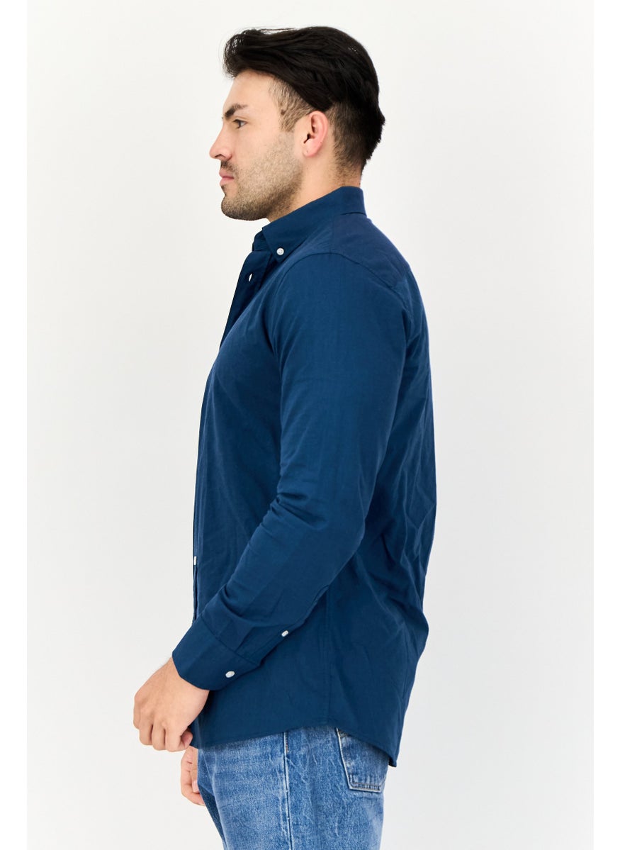Algspar Men Regular Fit Solid Long Sleeves Casual Shirt, Navy Blue  - Image 3