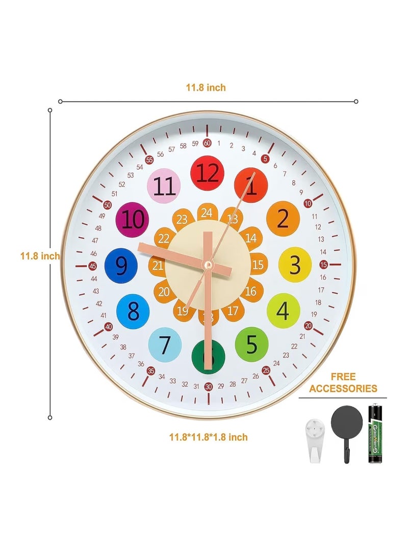 X spring Silent Wall Clock, Learning Clock for Kids, Telling Time Teaching Clock, Kids Room Wall Decor, Silent Non Ticking Analog Battery Operated Learning Clock for Bedrooms, School - Image 3