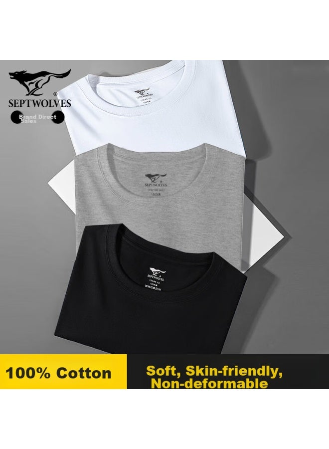 Septwolves Men's Short-sleeve Pure Cotton T-shirt, Spring And Summer Running Sports Breathable, 100% Cotton Plain White T-shirt, Home Wear - Image 2