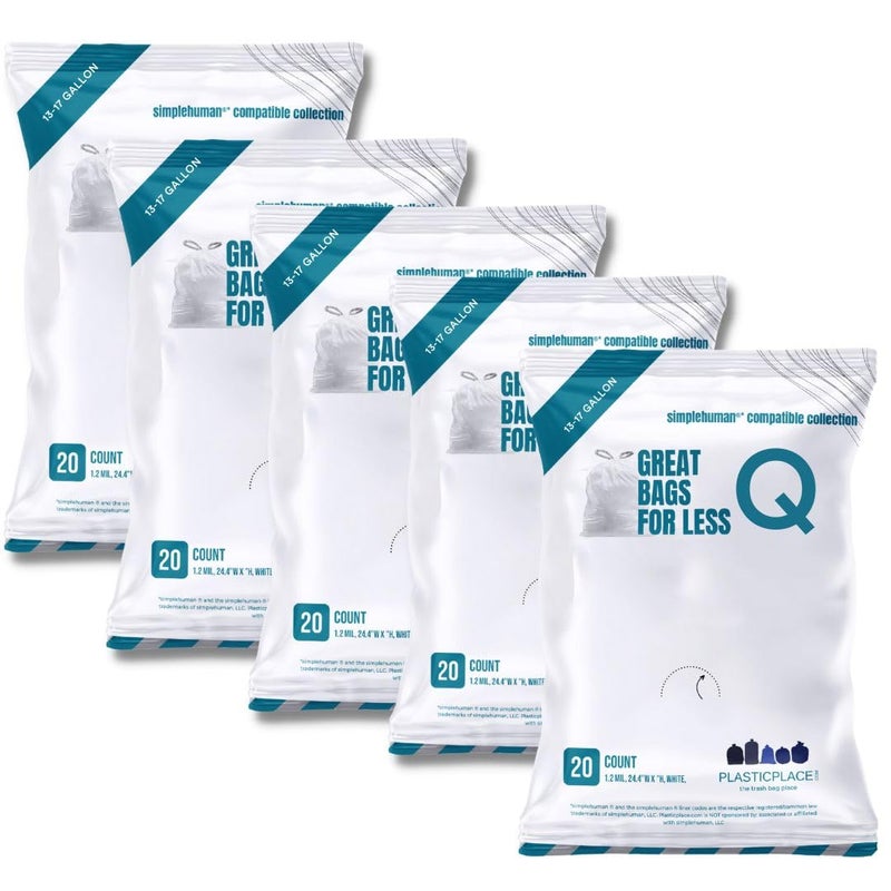 Plasticplace Trash Bags, Compatible with simplehuman Code Q Packs, White Drawstring Garbage Liners,13-17 Gallon, 25" x 32.5" (20 Count/5 Pack)
