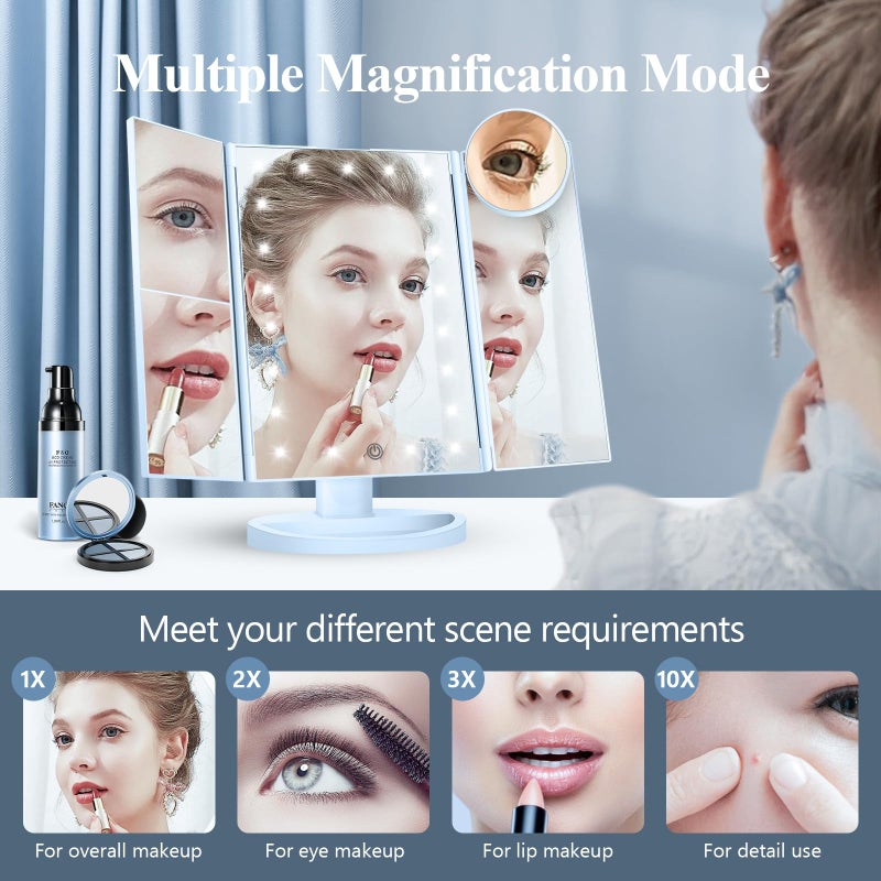 HUONUL Makeup Mirror, Vanity Mirror with Lights, 2X/3X/10X Magnification, Touch Control, Trifold Mirror, Dual Power Supply, Valentines Day Gifts for Her,Gifts for Women, Wife, Mom, Teengirls - Image 2