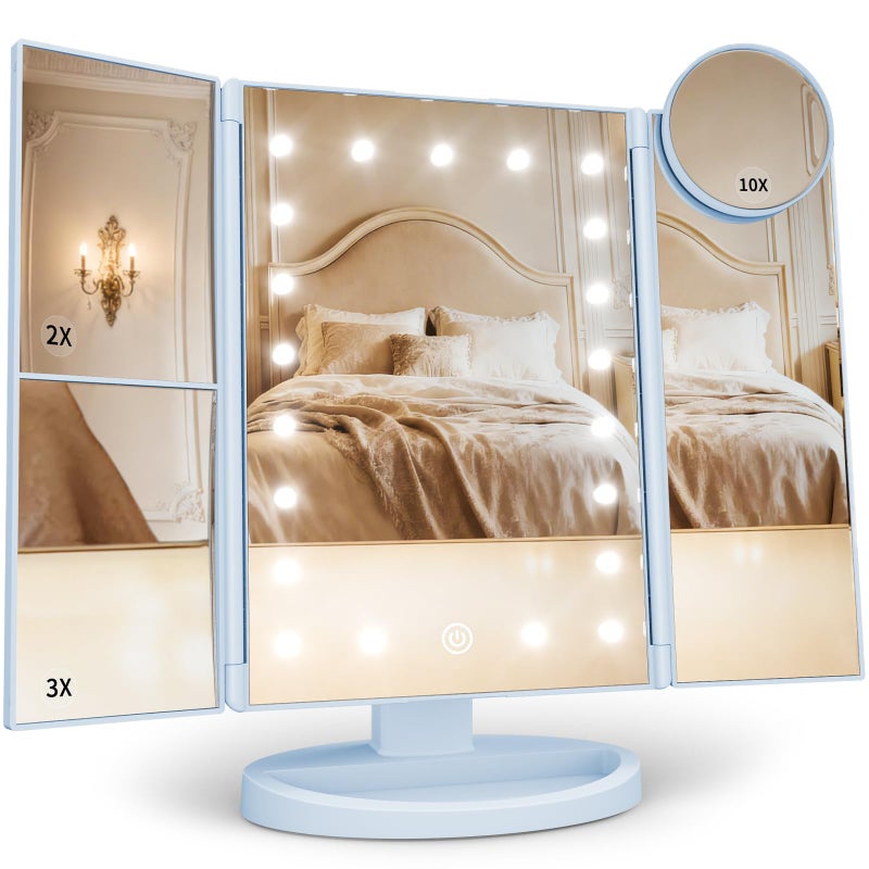 HUONUL Makeup Mirror, Vanity Mirror with Lights, 2X/3X/10X Magnification, Touch Control, Trifold Mirror, Dual Power Supply, Valentines Day Gifts for Her,Gifts for Women, Wife, Mom, Teengirls - Image 1
