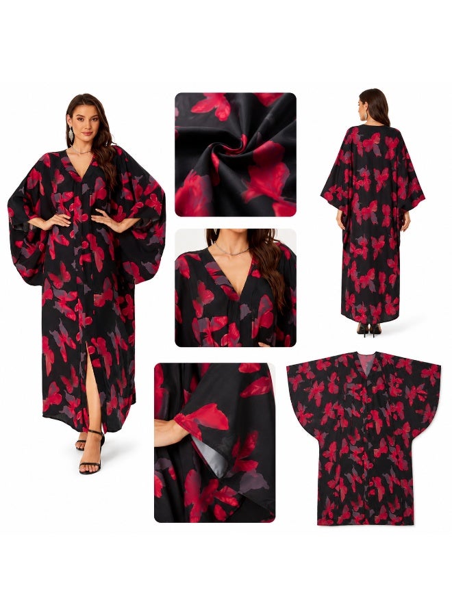 Women's Floral Batwing Sleeve Kaftan Maxi Dress - Black Red - Image 1