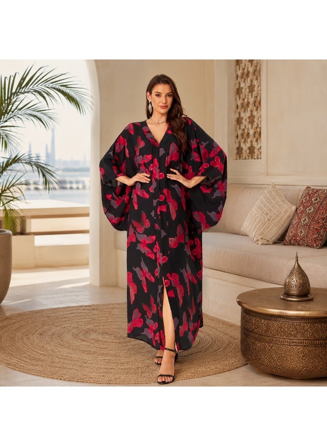 Women's Floral Batwing Sleeve Kaftan Maxi Dress - Black Red - Image 5