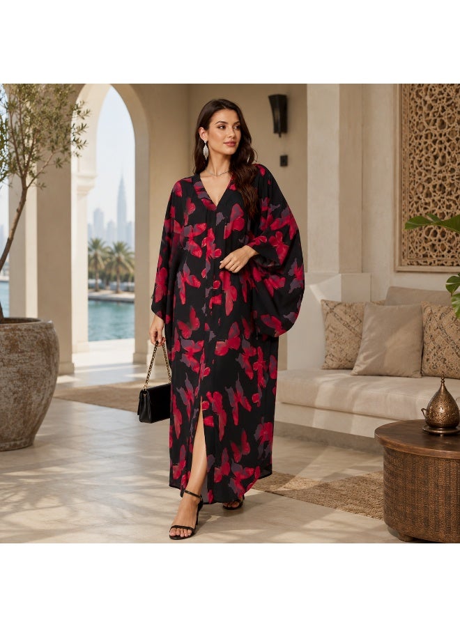 Women's Floral Batwing Sleeve Kaftan Maxi Dress - Black Red - Image 4