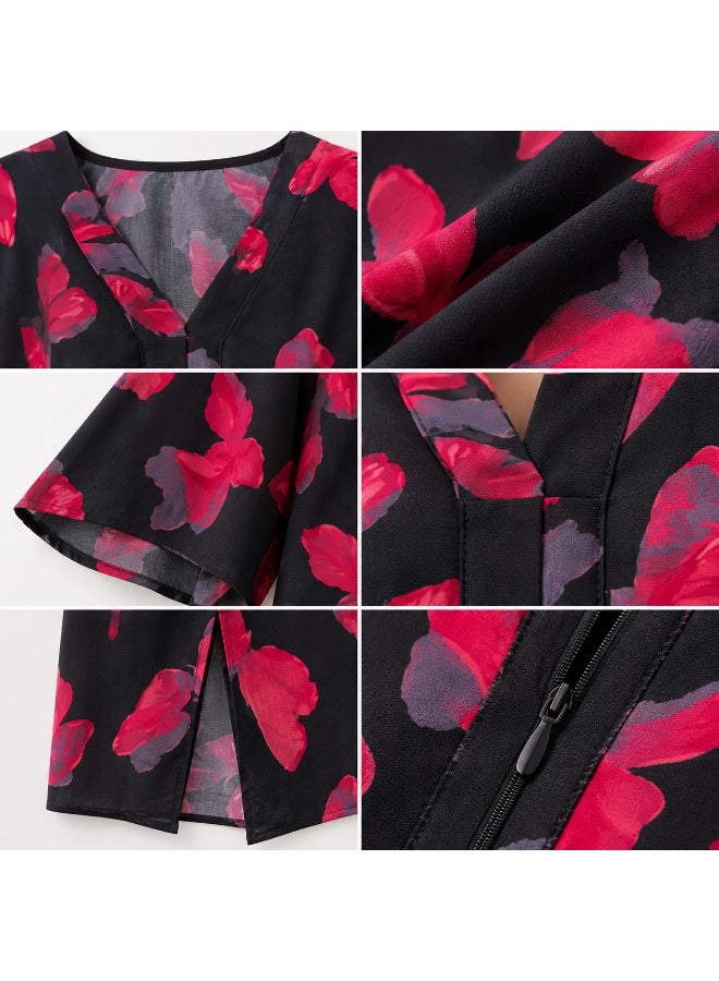 Women's Floral Batwing Sleeve Kaftan Maxi Dress - Black Red - Image 2