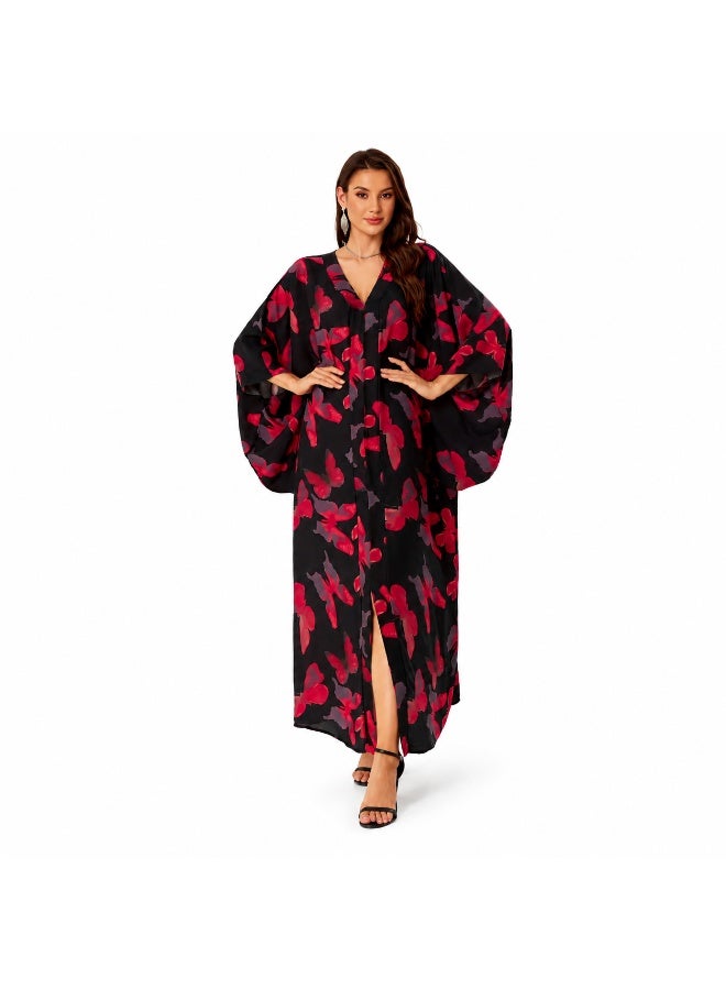 Women's Floral Batwing Sleeve Kaftan Maxi Dress - Black Red - Image 3