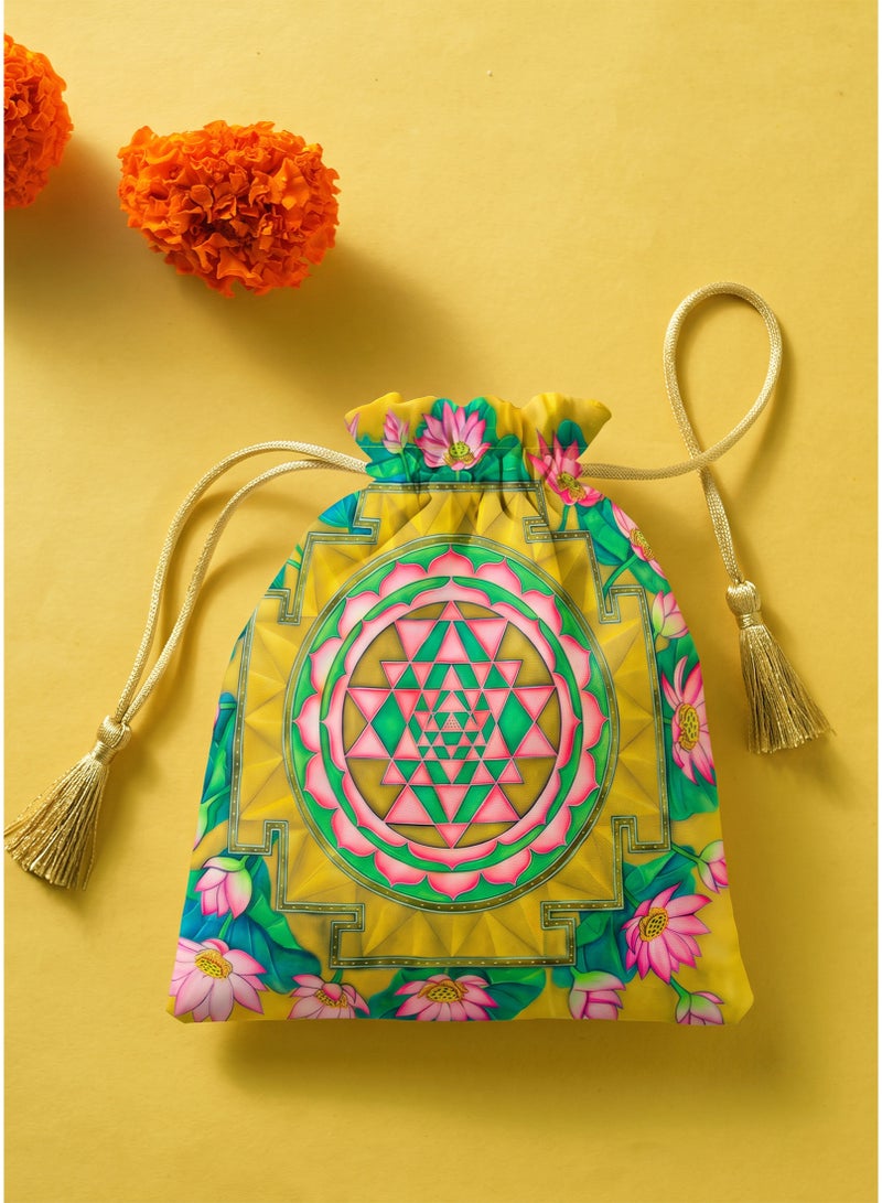 Madhoor Sri Yantra Decorative Potli Gift Bag (Batwa) Multicolour for Wedding Favours, Pooja Items & Festive Gifting, 9 x 9 Inches, 1 Piece - Image 1