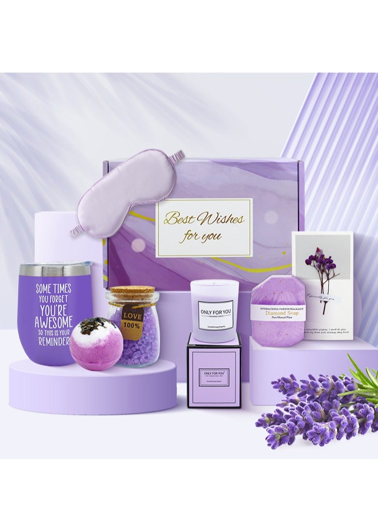 هومستر مجموعة هدايا فاكهة الخزامى للنساء، 7 مجموعة هدايا حمام PCS تشمل كوب التفريغ، ملح الحمام، صابون هاندمد، شموع معطرة، قنبلة الحمام، بطاقة، قناع العين في صندوق الهدايا، مجموعة هدايا سبا استرخاء، أفكار هدايا عيد ميلاد فريدة للنساء - Image 1