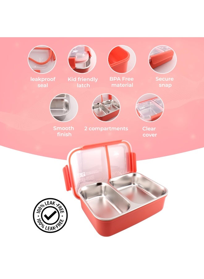 Brain Giggles BrainGiggles Stainless Steel 2 Compartments Lunch Box with Removable Inner Tray for Kids Adults - Red - Image 2