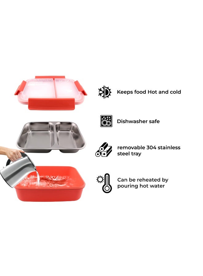 Brain Giggles BrainGiggles Stainless Steel 2 Compartments Lunch Box with Removable Inner Tray for Kids Adults - Red - Image 3