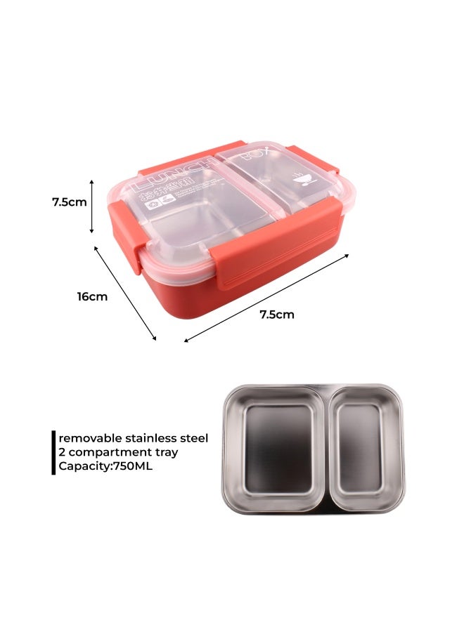 Brain Giggles BrainGiggles Stainless Steel 2 Compartments Lunch Box with Removable Inner Tray for Kids Adults - Red - Image 5