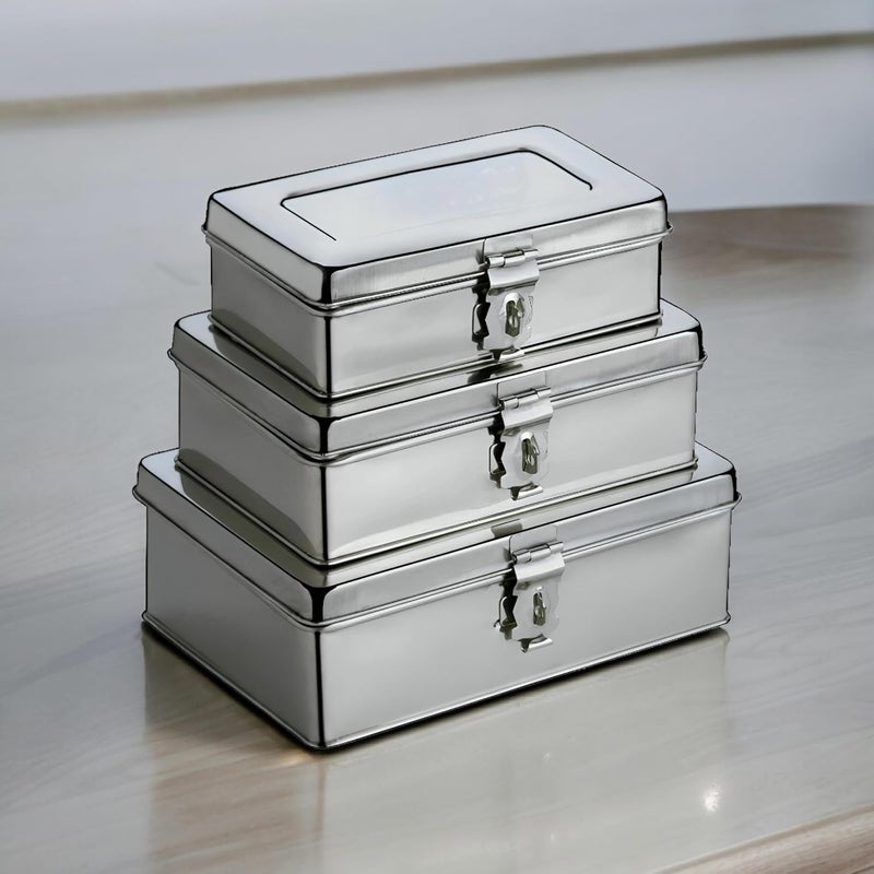 JAYCO Stainless Steel Storage Boxes/SS Puja Peti - Set of 3 (7"-8"-9"), Rounded Edges - Image 1