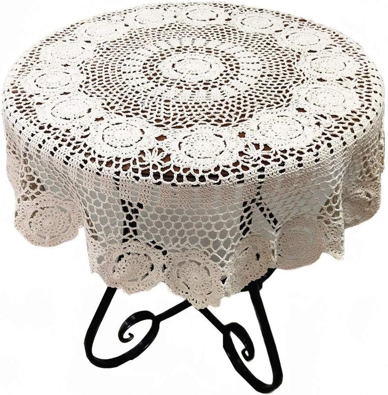 USTIDE 40-inch Handmade Crochet Cotton Tablecloth Round Beige Crochet Tablecloths Table Covers - Image 1