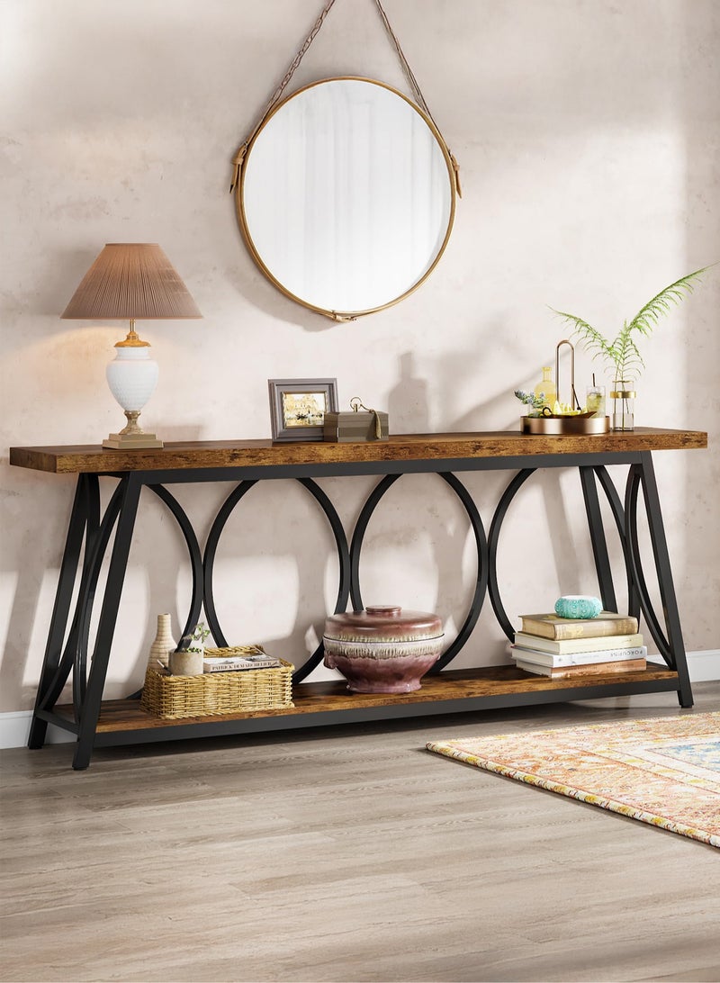 يانارا طاولة كونسول فائقة الطول (180 سم)، طاولة أريكة صناعية ذات رف تخزين مزدوج للكنبة، طاولة ممر ضيقة لغرفة المعيشة بتصميم ريفي ولون بني - Image 1