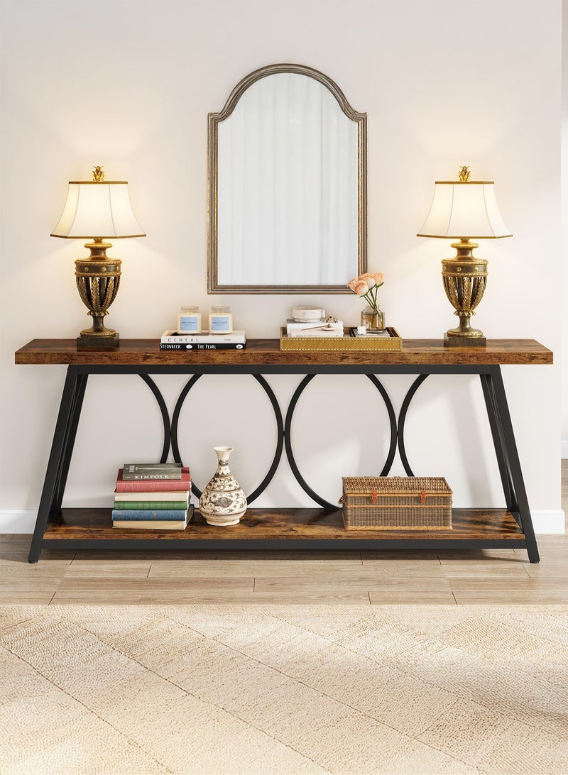 يانارا طاولة كونسول فائقة الطول (180 سم)، طاولة أريكة صناعية ذات رف تخزين مزدوج للكنبة، طاولة ممر ضيقة لغرفة المعيشة بتصميم ريفي ولون بني - Image 2