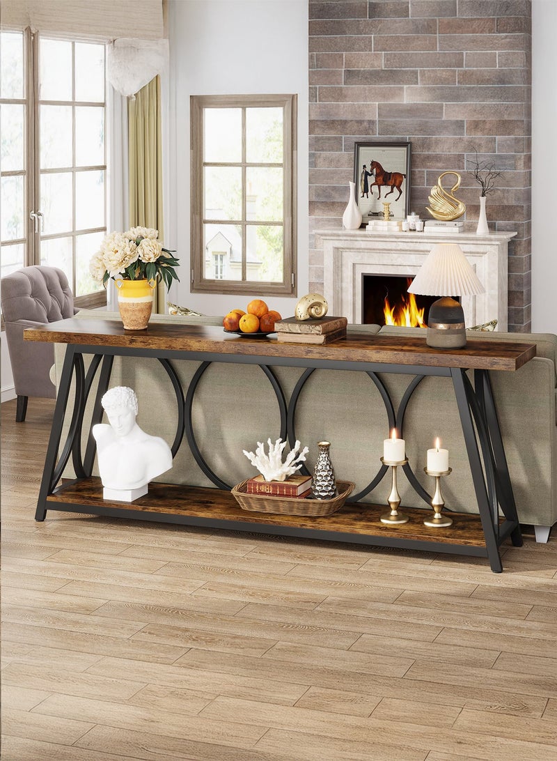 يانارا طاولة كونسول فائقة الطول (180 سم)، طاولة أريكة صناعية ذات رف تخزين مزدوج للكنبة، طاولة ممر ضيقة لغرفة المعيشة بتصميم ريفي ولون بني - Image 3