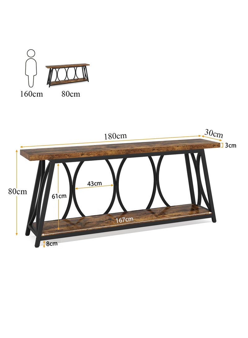 يانارا طاولة كونسول فائقة الطول (180 سم)، طاولة أريكة صناعية ذات رف تخزين مزدوج للكنبة، طاولة ممر ضيقة لغرفة المعيشة بتصميم ريفي ولون بني - Image 4