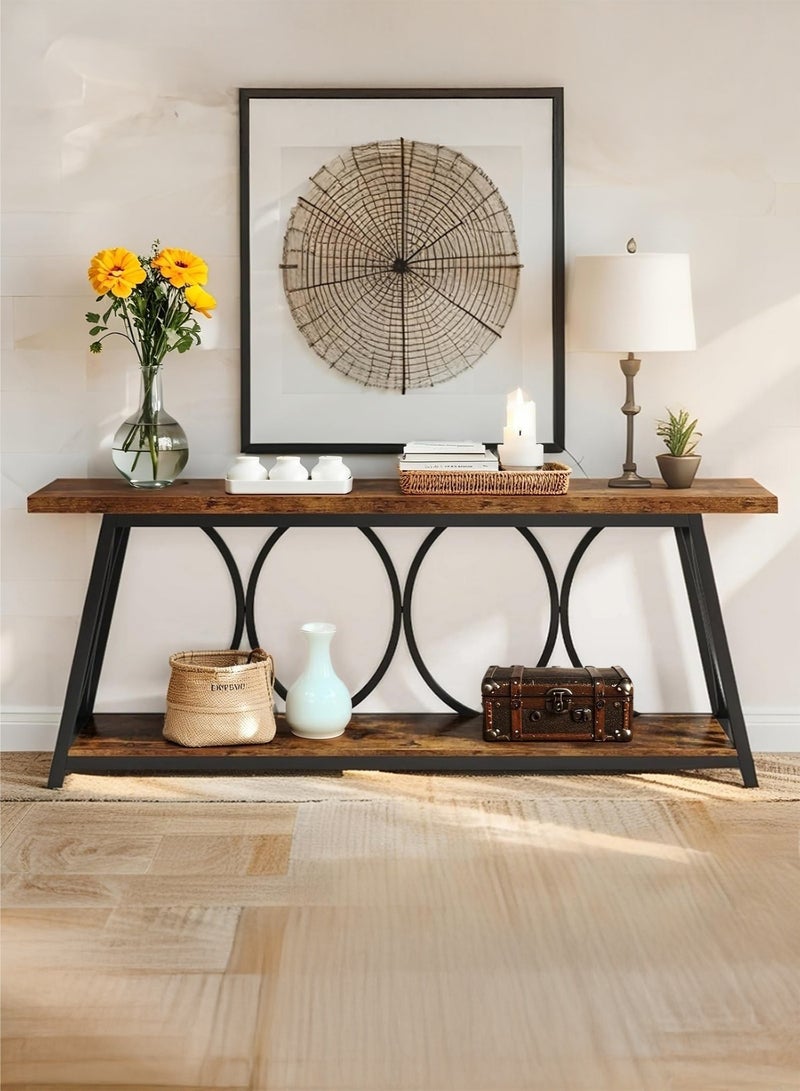 يانارا طاولة كونسول فائقة الطول (180 سم)، طاولة أريكة صناعية ذات رف تخزين مزدوج للكنبة، طاولة ممر ضيقة لغرفة المعيشة بتصميم ريفي ولون بني - Image 5