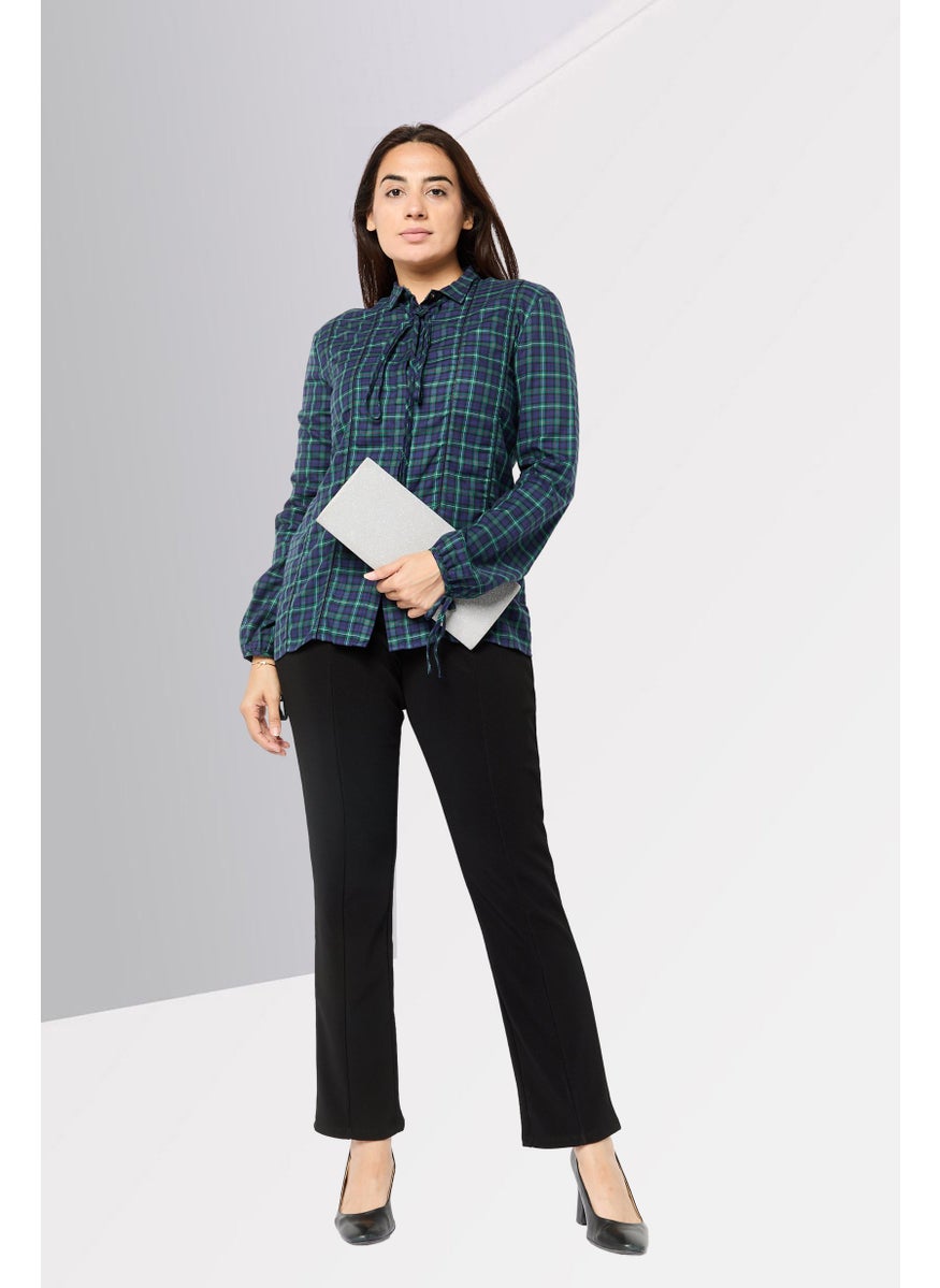 Harmont & Blaine - Women Tie Neck Plaid Long Sleeve Blouse, Navy - Image 1