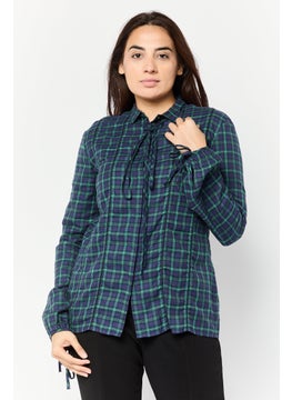 Women Tie Neck Plaid Long Sleeve Blouse, Navy