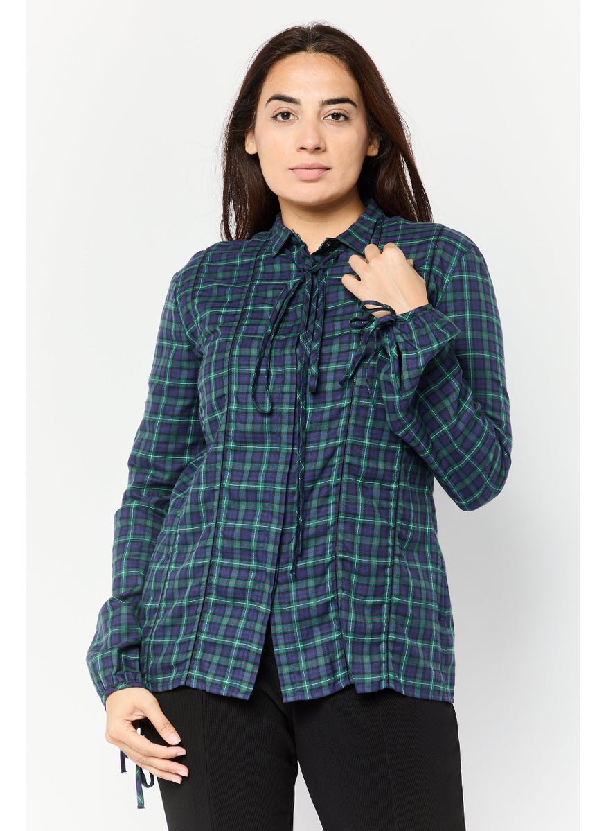 Harmont & Blaine - Women Tie Neck Plaid Long Sleeve Blouse, Navy - Image 1
