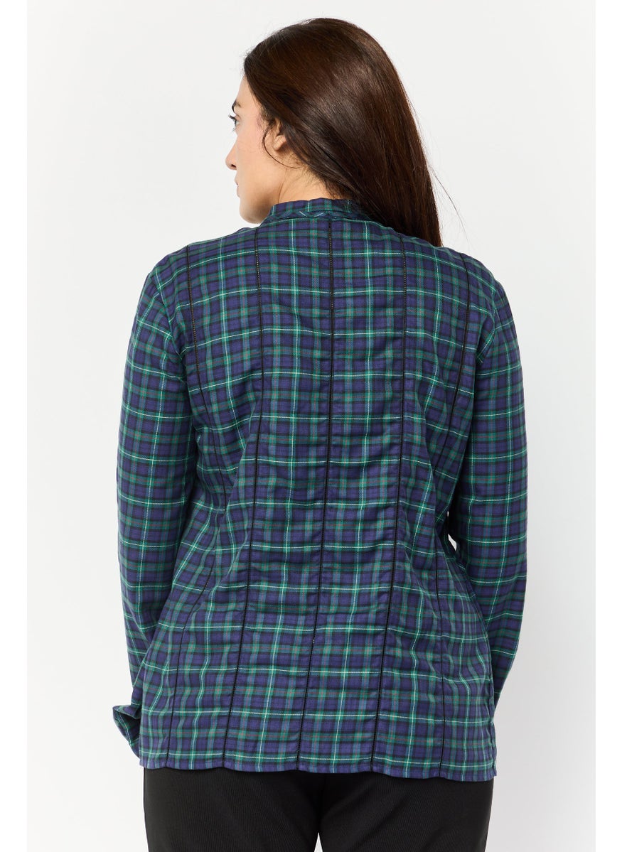 Harmont & Blaine - Women Tie Neck Plaid Long Sleeve Blouse, Navy - Image 1