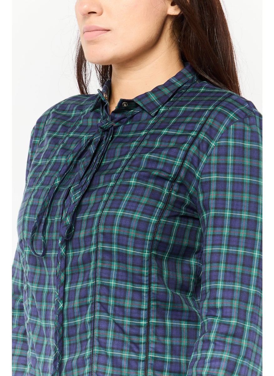 Harmont & Blaine - Women Tie Neck Plaid Long Sleeve Blouse, Navy - Image 1