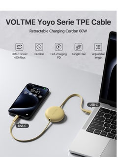 VOLTME 60W Retractable USB C Cable, 1m Fast Charging Data Cable, USB C to USB C Charger for iPhone 16/16 Pro/16 Pro Max, iPhone 15 Series, iPad Pro/Air, MacBook Pro/Air, Galaxy S24 Ultra/S24/S23, Huawei P60, Xiaomi, and More Compact, Tangle-Free Design for Convenient Charging and Data Transfer- Yellow  - Image 2
