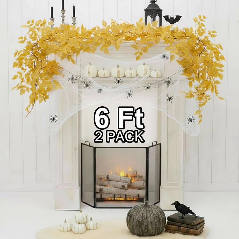 NUTIKAS Neutral Fall Garland for Mantle Fireplace - 2 Pack 6Ft Plum Cimicifuga Seeded Leaf Garlands Yellow Autumn Décor Table Decorations for Home Indoor Door Halloween Realistic Leaves Garlands Outdoor - Image 1