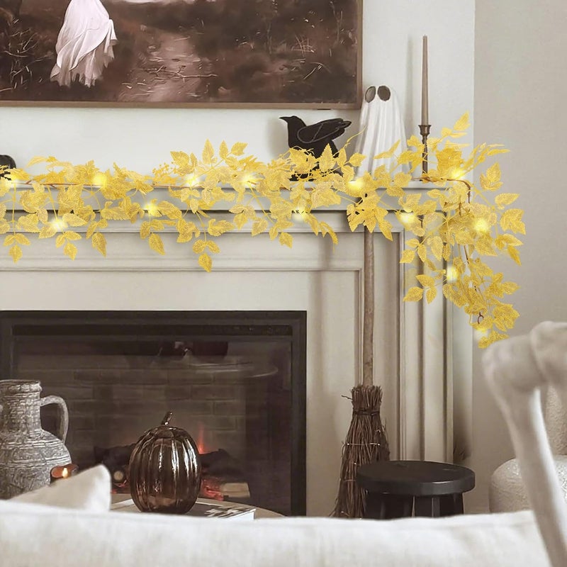 NUTIKAS Neutral Fall Garland for Mantle Fireplace - 2 Pack 6Ft Plum Cimicifuga Seeded Leaf Garlands Yellow Autumn Décor Table Decorations for Home Indoor Door Halloween Realistic Leaves Garlands Outdoor - Image 3