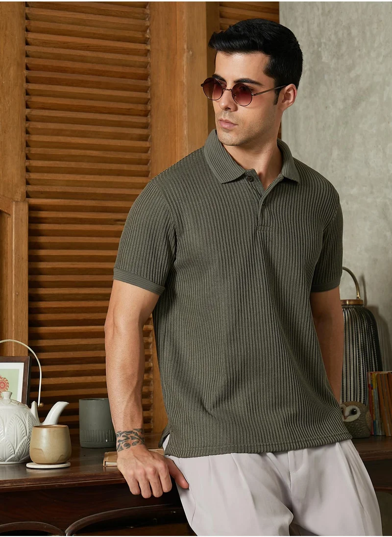Campus Sutra Campus Sutra Men's Chalk White & Sage Green Contrast Ribbed Polo T-Shirt For Casual Wear | Polo Neck | Short Cuffed Sleeves | Half-Button Closure | T-Shirt Crafted With Comfort Fit For Everyday Wear