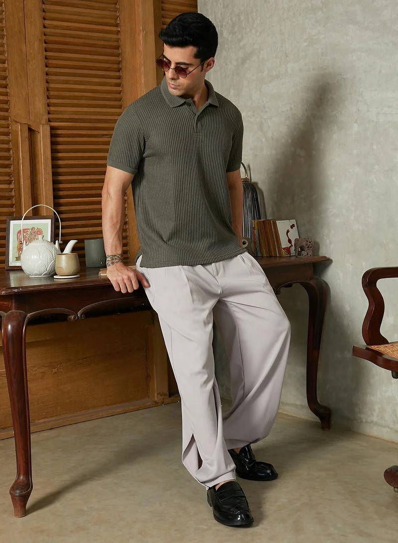 Campus Sutra Campus Sutra Men's Chalk White & Sage Green Contrast Ribbed Polo T-Shirt For Casual Wear | Polo Neck | Short Cuffed Sleeves | Half-Button Closure | T-Shirt Crafted With Comfort Fit For Everyday Wear