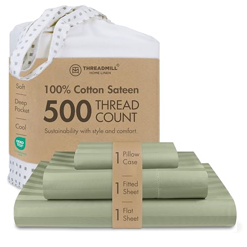 Threadmill 500 Thread Count TwinXL Size Damask Stripe 3 Pc Luxury Cotton Sheet Set Breathable Sage Green Sheets with 15 Elasticized Deep Pocket 1 Pillowcase  Free Tote Bag - Image 1