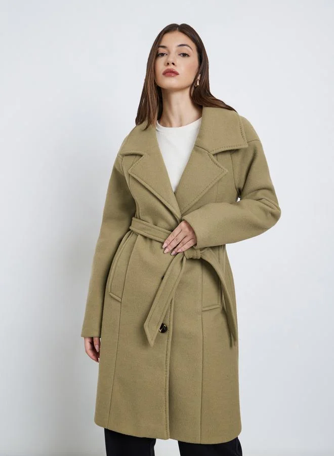 Styli Styli Khaki Regular Fit Wool Like Belted Coat