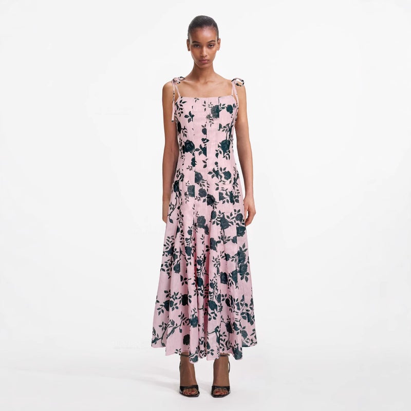 European & American Vacation Printed Dress 2025 Elegant Tie Waist High Waist Slimming Spaghetti Strap Maxi Dress - Image 2