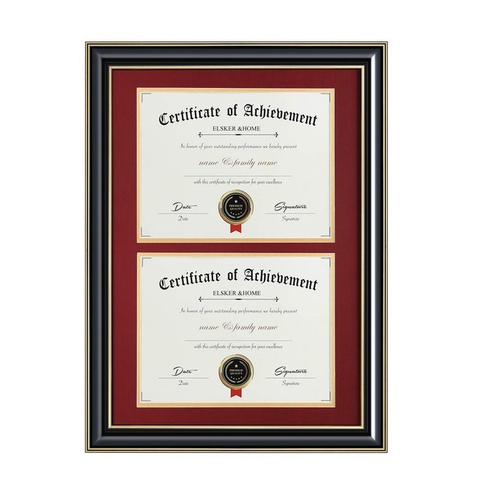 ELSKERHOME DOUBLE DIPLOMA FRAME WOODMADE FOR CERTIFICATESDOCUMENT FOR TWO 85X11 INCH WITH MAT AND 135X20 INCH WITHOUT MAT FOR DOCUMENTS CERTIFICATES DOUBLE MAT RED MAT WITH GOLDEN RIM