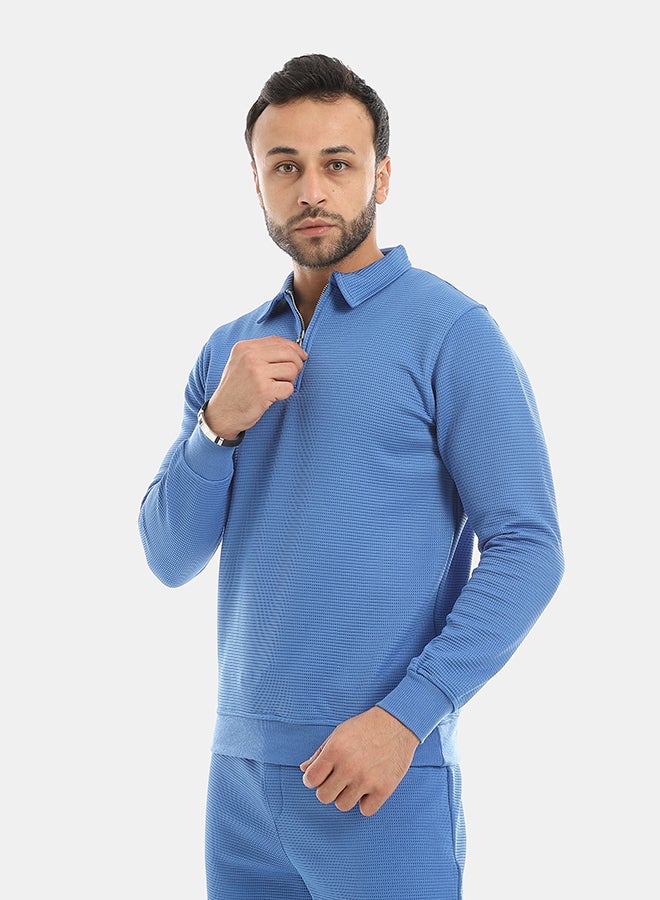 Andora Self Patterened Long Sleeves Half Zipper Closure Sweatshirt-Royal Blue - Image 2