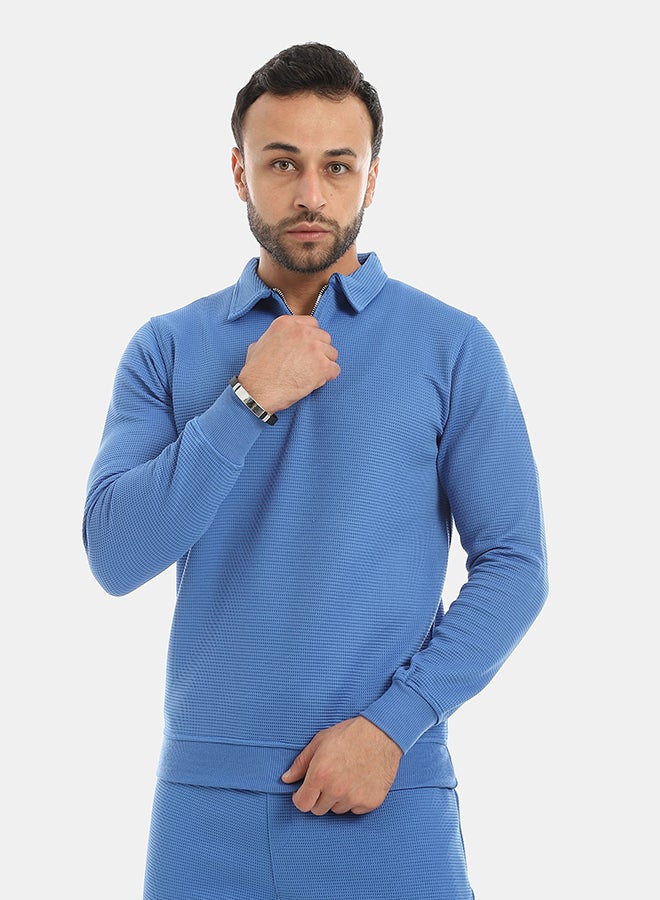 Andora Self Patterened Long Sleeves Half Zipper Closure Sweatshirt-Royal Blue - Image 1