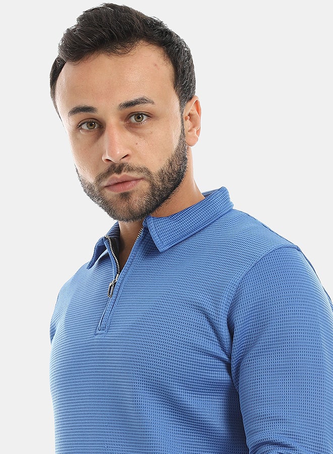 Andora Self Patterened Long Sleeves Half Zipper Closure Sweatshirt-Royal Blue - Image 4