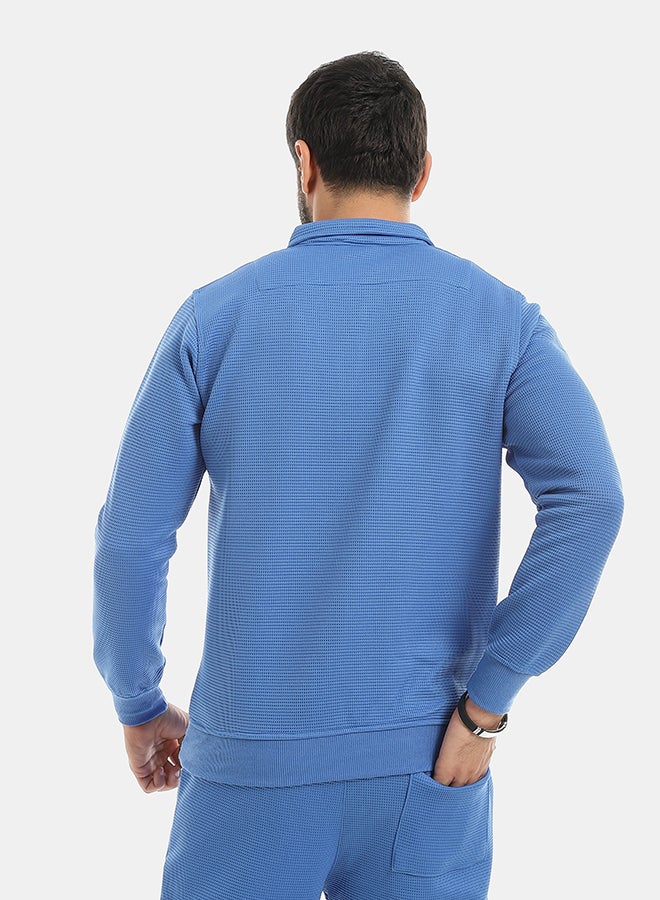Andora Self Patterened Long Sleeves Half Zipper Closure Sweatshirt-Royal Blue - Image 3