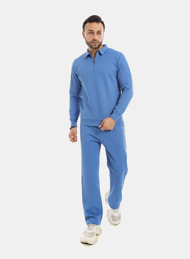 Andora Self Patterened Long Sleeves Half Zipper Closure Sweatshirt-Royal Blue - Image 5