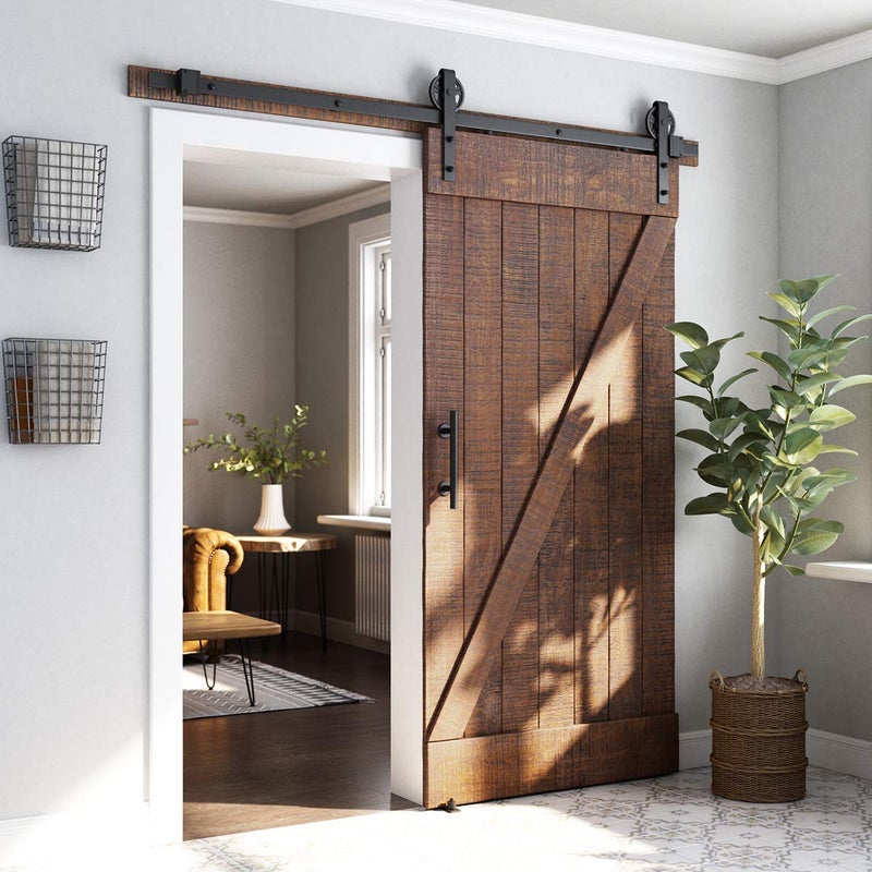 SMARTSTANDARD 6.6ft Heavy Duty Sliding Barn Door Hardware Kit, Black, (Whole Set Includes 1x Pull Handle Set & 1x Floor Guide) Fit 36"-40" Wide Door Panel (Big Industrial Wheel Hangers) - Image 2