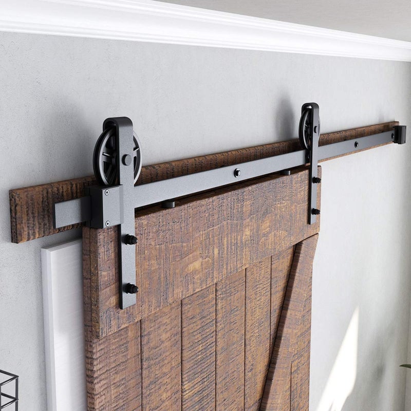 SMARTSTANDARD 6.6ft Heavy Duty Sliding Barn Door Hardware Kit, Black, (Whole Set Includes 1x Pull Handle Set & 1x Floor Guide) Fit 36"-40" Wide Door Panel (Big Industrial Wheel Hangers) - Image 3