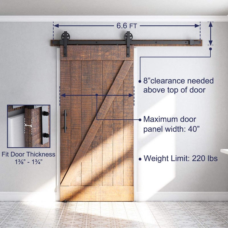 SMARTSTANDARD 6.6ft Heavy Duty Sliding Barn Door Hardware Kit, Black, (Whole Set Includes 1x Pull Handle Set & 1x Floor Guide) Fit 36"-40" Wide Door Panel (Big Industrial Wheel Hangers) - Image 5