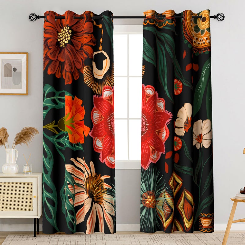 Tyrot Black Boho Floral 100% Blackout Curtains for Living Room 72 inch Long 2 Panels Mid Century Botanical Black Out Curtains for Bedroom Grommet Thermal Insulated Room Darkening Window Drapes,52Wx72L - Image 1