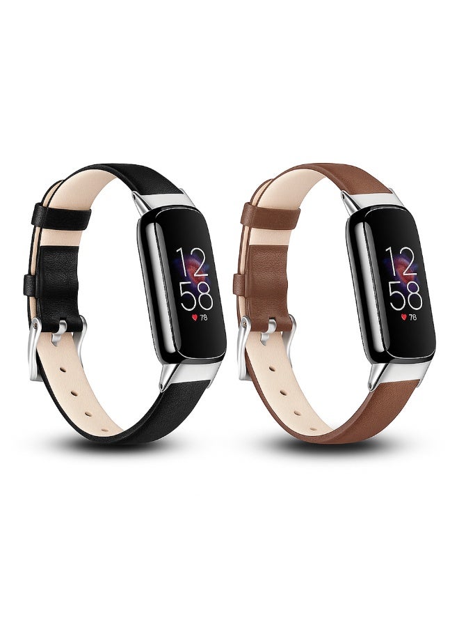 O Ozone (Pack of 2) O Ozone Leather Strap Compatible with Fitbit Luxe Strap for Women Men, Soft Breathable Leather Sport Wristband Metal Classic Buckle Bracelet Replacement Strap for Fitbit Luxe Fitness Tracker - Black/Dark Brown - Image 1